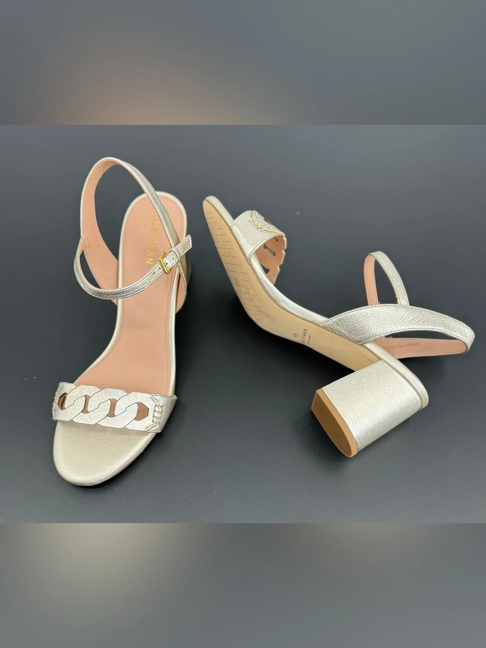 Cole Haan Pearl Metallic Chain-Link Block Heel Sandals